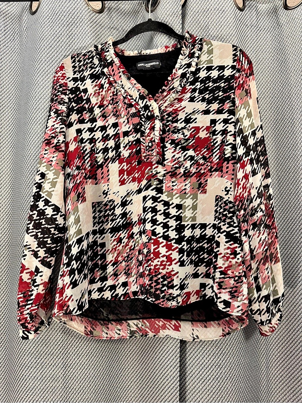Karl Lagerfeld Pink, Black, White, Gray Houndstooth Blouse- XS